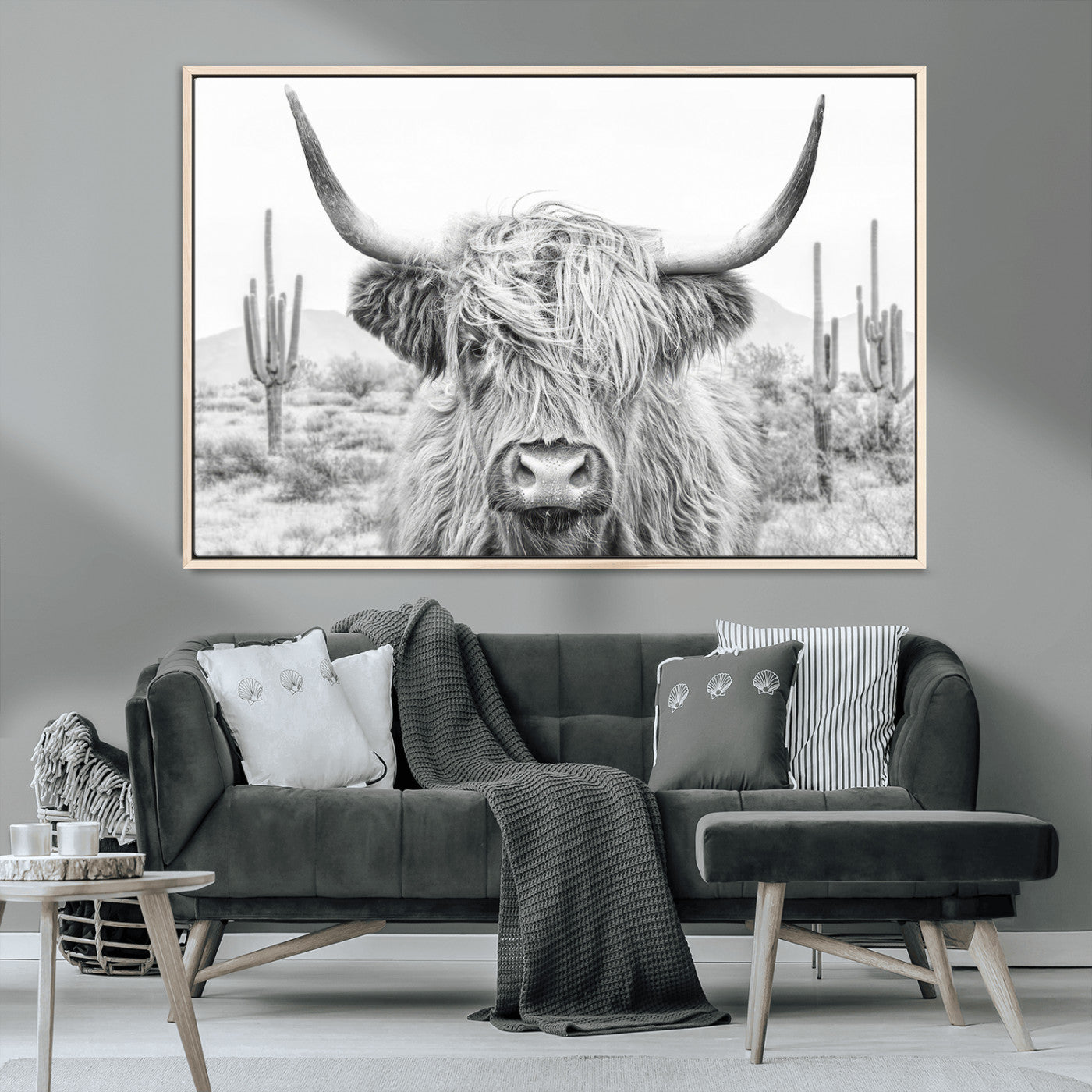 94579-MGV-CV-36X24-Highland Cow Wall Art – Black and White Longhorn Canvas Print, Rustic Western Farmhouse Animal Photography for Living Room,