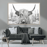 94579-MGV-CV-36X24-Highland Cow Wall Art – Black and White Longhorn Canvas Print, Rustic Western Farmhouse Animal Photography for Living Room,