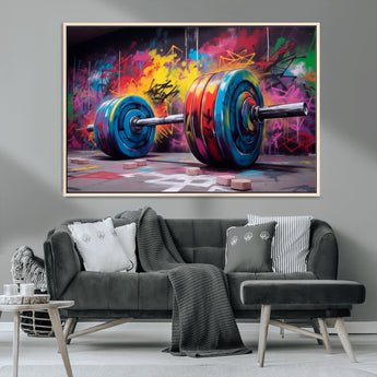 13549-MGV-CV-36X24-Graffiti Gym Wall Art Canvas Print, Framed Graffiti Barbell Art Picture Print, Weightlifting Perfect Fitness Studio Decor Artwork