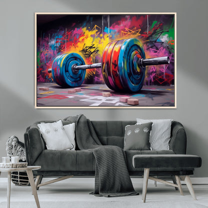13549-MGV-CV-36X24-Graffiti Gym Wall Art Canvas Print, Framed Graffiti Barbell Art Picture Print, Weightlifting Perfect Fitness Studio Decor Artwork