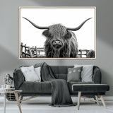 58188-MGV-CV-36X24-Highland Cow Wall Art – Black and White Rustic Farmhouse Canvas Print, Longhorn Cattle Photography Decor for Living Room or
