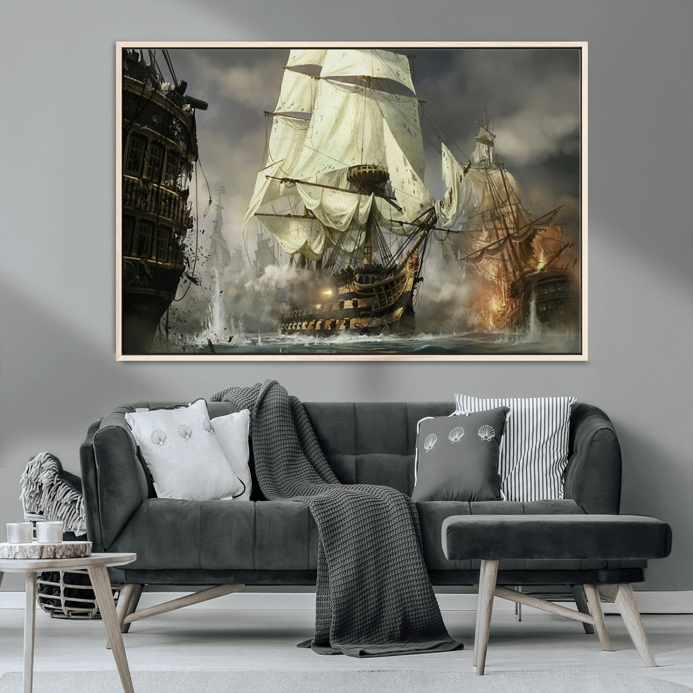 26512-MGV-CV-36X24-Naval Battle Wall Art – Dramatic Tall Ship Canvas Print, Historic Pirate Sailing War Scene, Nautical Decor for Office, Study or