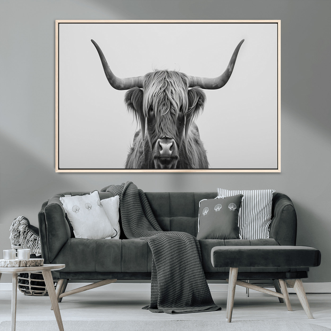 35820-MGV-CV-36X24-Minimalist Highland Cow Wall Art – Black and White Longhorn Cattle Canvas Print, Modern Farmhouse Animal Photography Decor for