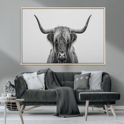 35820-MGV-CV-36X24-Minimalist Highland Cow Wall Art – Black and White Longhorn Cattle Canvas Print, Modern Farmhouse Animal Photography Decor for