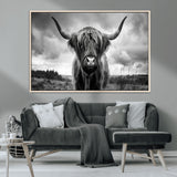17924-MGV-CV-36X24-Highland Cow Wall Art – Black and White Rustic Longhorn Cattle Canvas Print, Farmhouse Animal Photography Decor for Country Home