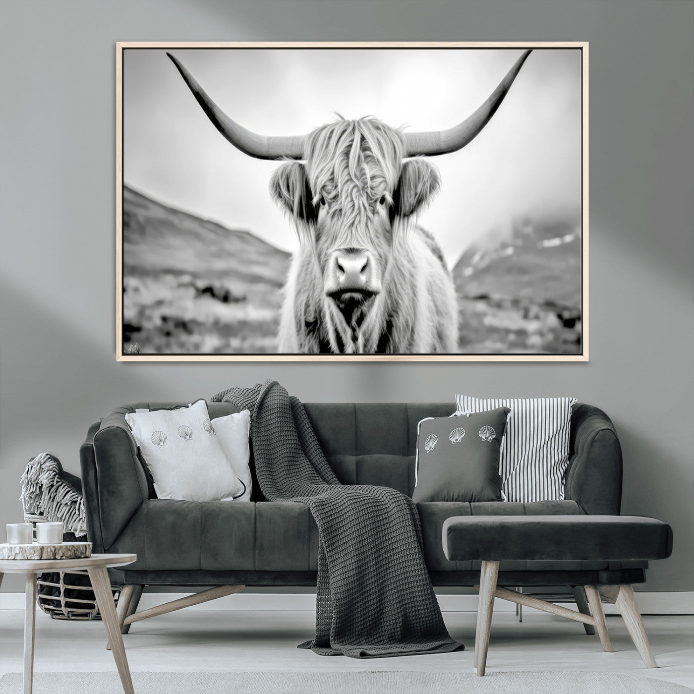 80564-MGV-CV-36X24-Highland Cow Wall Art – Black and White Scottish Highland Canvas Print, Rustic Farmhouse Decor for Living Room, Bedroom or Office
