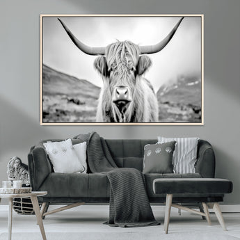 80564-MGV-CV-36X24-Highland Cow Wall Art – Black and White Scottish Highland Canvas Print, Rustic Farmhouse Decor for Living Room, Bedroom or Office