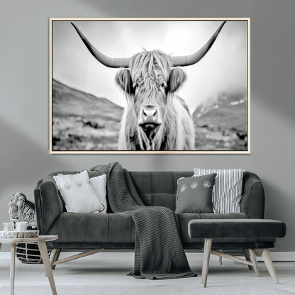 80564-MGV-CV-36X24-Highland Cow Wall Art – Black and White Scottish Highland Canvas Print, Rustic Farmhouse Decor for Living Room, Bedroom or Office