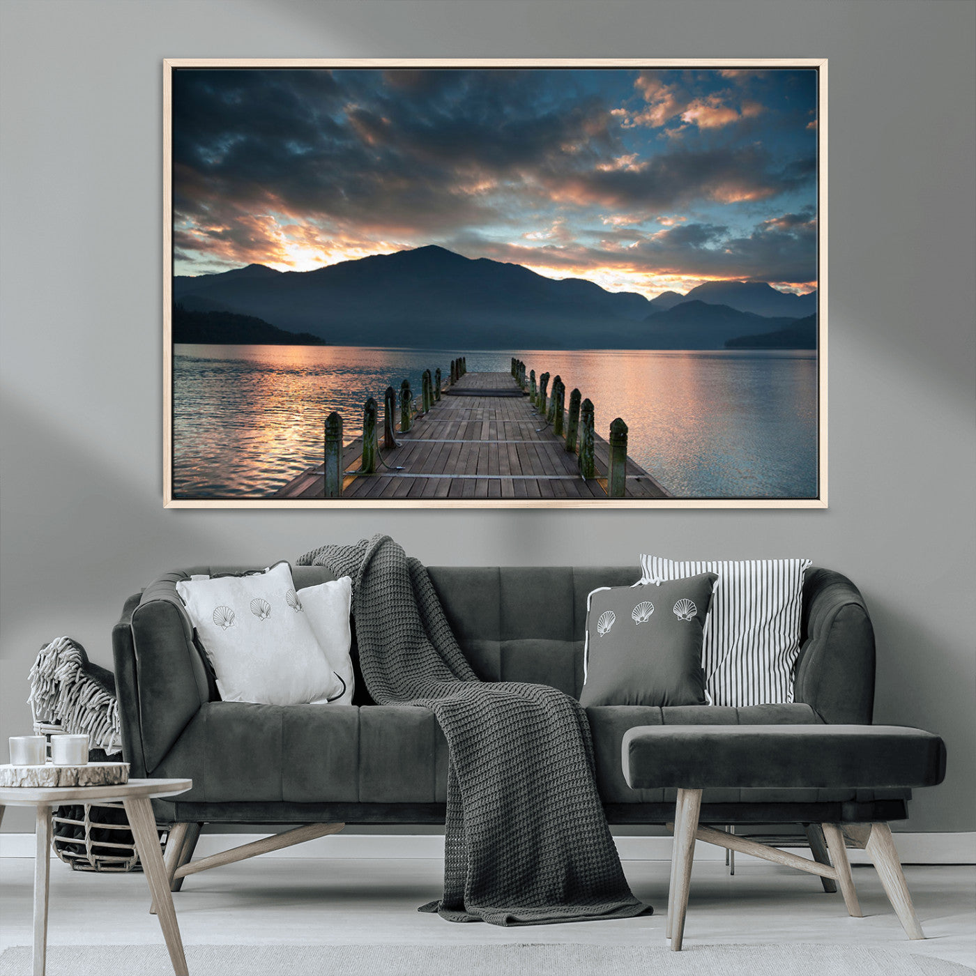 20442-MGV-CV-36X24-Lakeside Sunset Dock Wall Art – Peaceful Mountain Lake Canvas Print, Serene Nature Landscape Decor for Living Room, Bedroom or