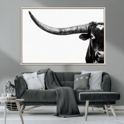 31699-MGV-CV-36X24-Longhorn Wall Art – Black and White Texas Longhorn Cow Canvas Print, Rustic Western Farmhouse Artwork for Living Room, Bedroom or