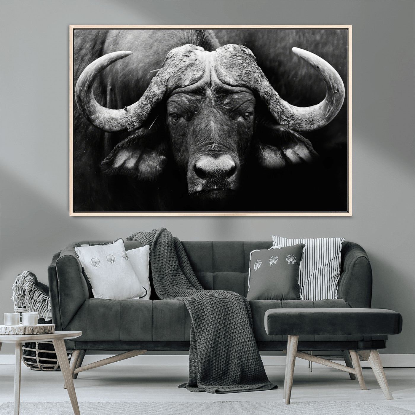 75273-MGV-CV-36X24-Buffalo Wall Art – Black and White African Buffalo Canvas Print, Rustic Wildlife Animal Artwork for Farmhouse, Living Room,
