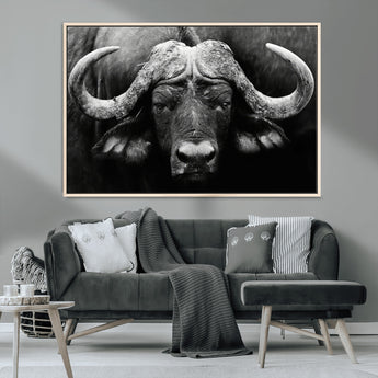 75273-MGV-CV-36X24-Buffalo Wall Art – Black and White African Buffalo Canvas Print, Rustic Wildlife Animal Artwork for Farmhouse, Living Room,