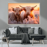 68253-MGV-CV-36X24-Highland Cow Wall Art – Rustic Farmhouse Cattle Canvas Print, Frosty Sunset Animal Artwork for Living Room, Bedroom or Country