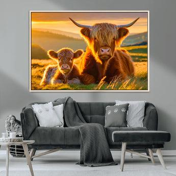 20567-MGV-CV-36X24-Highland Cow and Calf Wall Art – Rustic Farmhouse Sunset Cattle Canvas Print, Country Animal Artwork for Living Room, Bedroom, or