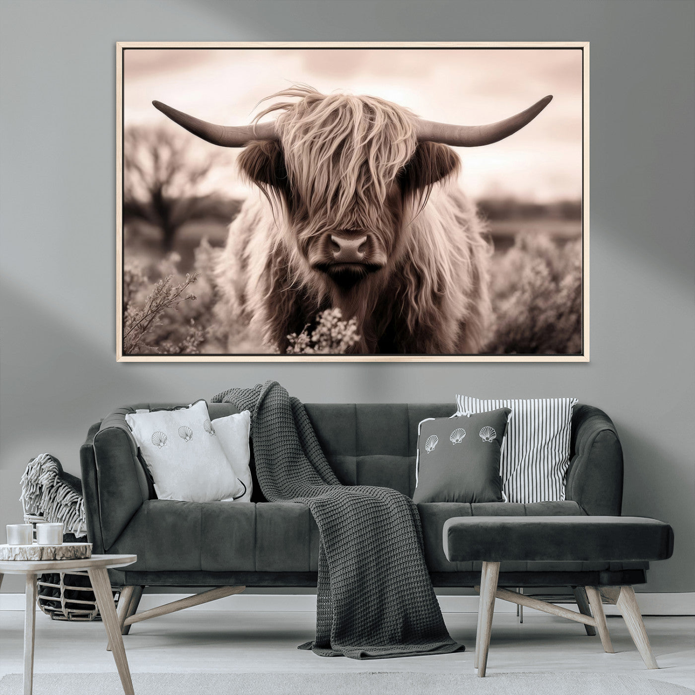 55903-MGV-CV-36X24-Highland Cow Wall Art – Rustic Sepia Scottish Highland Bull Canvas Print, Farmhouse Country Animal Decor for Living Room, Bedroom