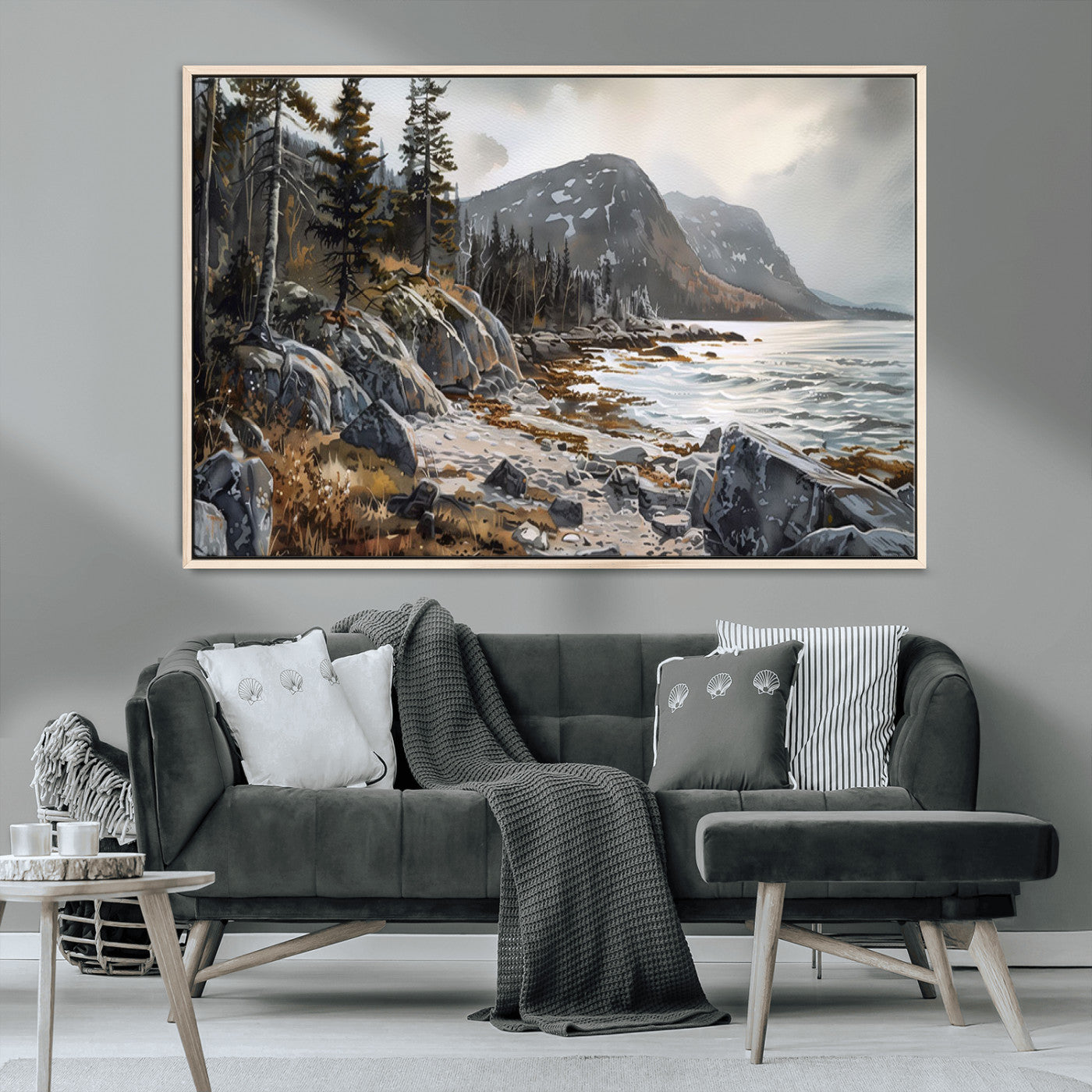 41281-MGV-CV-36X24-Rocky Shoreline Wall Art – Panoramic Mountain Coast and Forest Canvas Print, Rustic Nature Landscape Decor for Cabin, Lodge, or