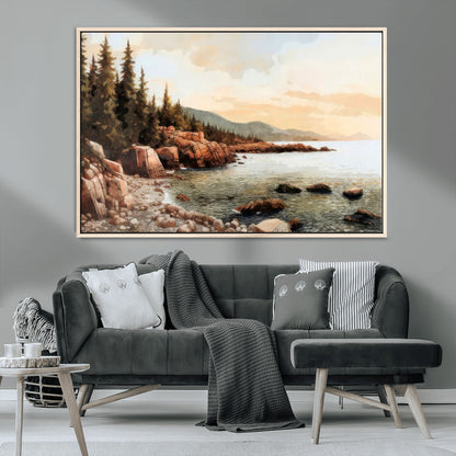 77145-MGV-CV-36X24-Coastal Landscape Wall Art – Panoramic Rocky Shoreline and Pine Trees Canvas Print, Rustic Nature Decor for Cabin, Lodge, Office,