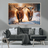 50490-MGV-CV-36X24-Highland Cow Wall Art – Rustic Panoramic Canvas Print Two Cattle Snowy Landscape, Farmhouse Country Decor for Living Room Office