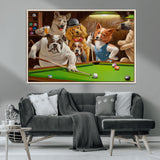 34228-MGV-CV-36X24-Dogs Playing Pool Wall Art Canvas Print, Framed Funny Dog Art Picture Print, Dog Perfect Game Room Decor Artwork