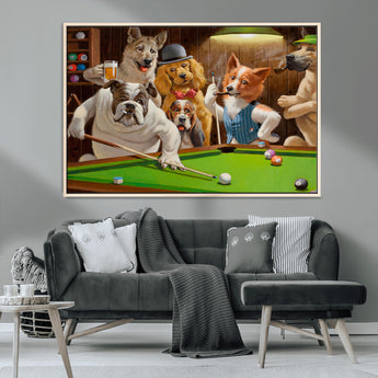 34228-MGV-CV-36X24-Dogs Playing Pool Wall Art Canvas Print, Framed Funny Dog Art Picture Print, Dog Perfect Game Room Decor Artwork