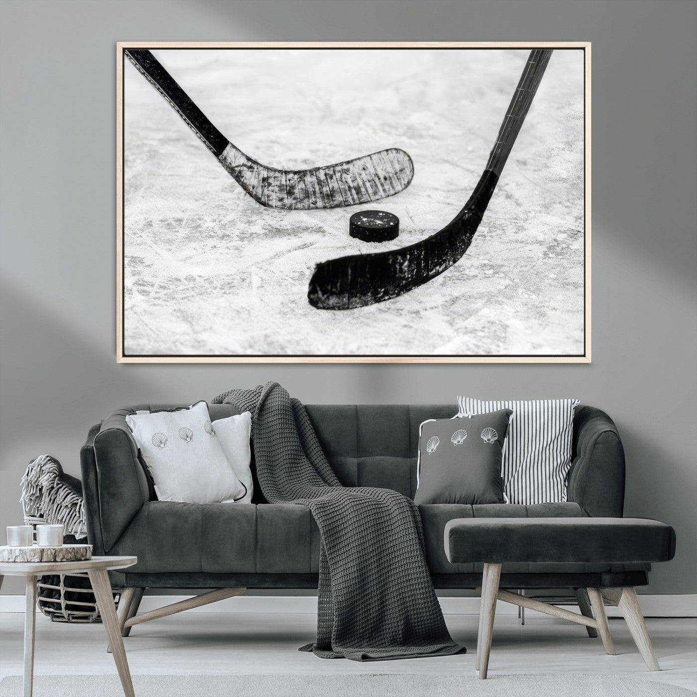 82900-MGV-CV-36X24-Hockey Wall Art – Black and White Canvas Print Ice Rink Sticks Puck Sports Photography, Modern Decor for Game Room, Man Cave,