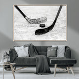 82900-MGV-CV-36X24-Hockey Wall Art – Black and White Canvas Print Ice Rink Sticks Puck Sports Photography, Modern Decor for Game Room, Man Cave,