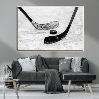 82900-MGV-CV-36X24-Hockey Wall Art – Black and White Canvas Print Ice Rink Sticks Puck Sports Photography, Modern Decor for Game Room, Man Cave,