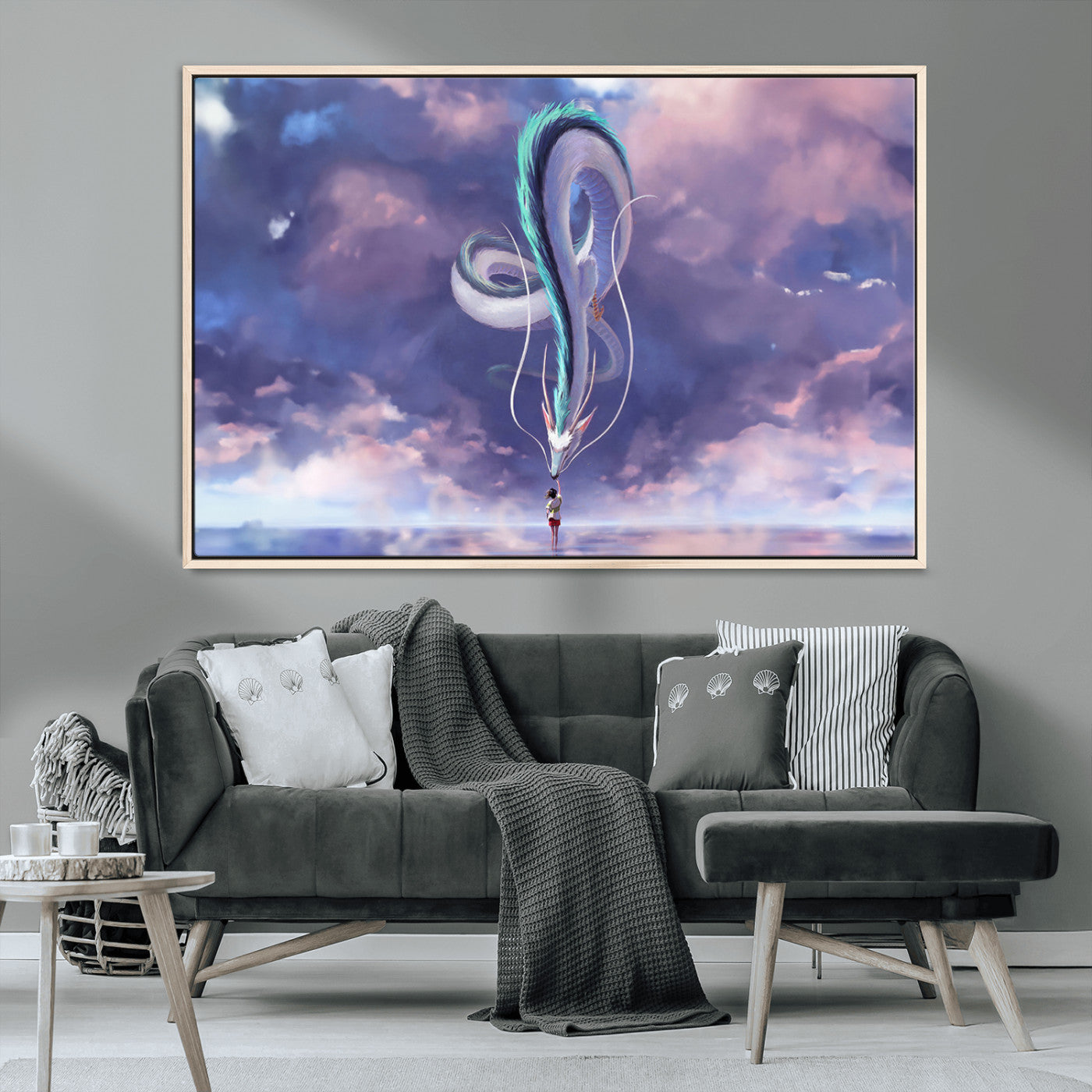 66864-MGV-CV-36X24-Fantasy Dragon Wall Art – Mystical Canvas Print Girl and Sky Serpent Dreamlike Clouds, Magical Anime Inspired Decor for Living