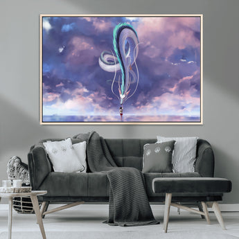 66864-MGV-CV-36X24-Fantasy Dragon Wall Art – Mystical Canvas Print Girl and Sky Serpent Dreamlike Clouds, Magical Anime Inspired Decor for Living