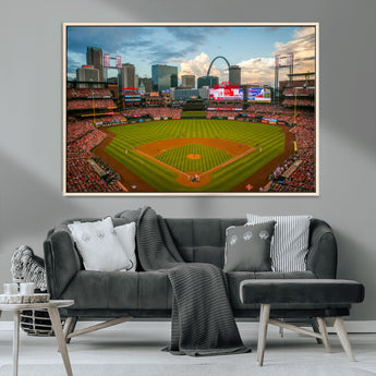 91908-MGV-CV-36X24-Baseball Stadium Wall Art – Canvas Print Game Day Field City Skyline Iconic Arch Scene Sports Photography, Decor for Game Room,