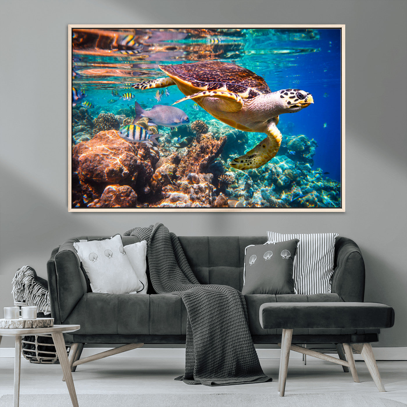 66614-MGV-CV-36X24-Sea Turtle Wall Art – Hawksbill Turtle Swimming Over Coral Reef Canvas Print, Ocean Marine Life Decor for Beach House, Coastal