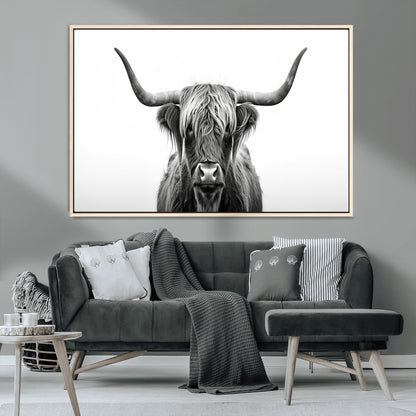 49556-MGV-CV-36X24-Highland Cow Wall Art – Black and White Scottish Highland Cattle Print, Rustic Farmhouse Minimalist Animal Portrait Canvas for