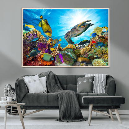44772-MGV-CV-36X24-Underwater Sea Turtle Wall Art – Vibrant Coral Reef and Tropical Fish Canvas Print, Ocean Marine Life Decor for Living Room,