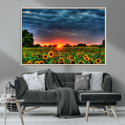 45045-MGV-CV-36X24-Sunflower Field Sunset Wall Art – Dramatic Stormy Sky Landscape Print, Vibrant Yellow Floral Nature Canvas for Living Room,