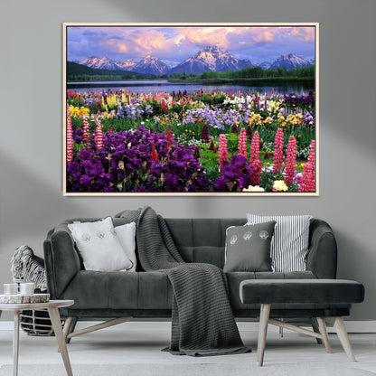 82270-MGV-CV-36X24-Colorful Wildflower Meadow Landscape Wall Art – Snow-Capped Mountain Lake Sunset Print, Vibrant Nature Artwork for Living Room,