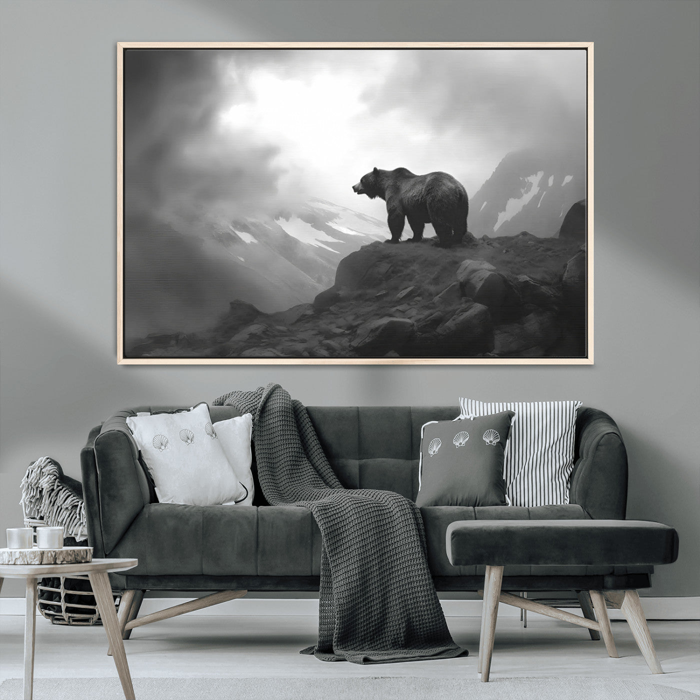 49504-MGV-CV-36X24-Black and White Grizzly Bear Wall Art – Wilderness Wildlife Painting, Rustic Mountain Cabin Decor, Monochrome Animal Print for