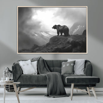 49504-MGV-CV-36X24-Black and White Grizzly Bear Wall Art – Wilderness Wildlife Painting, Rustic Mountain Cabin Decor, Monochrome Animal Print for