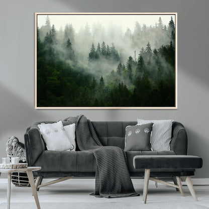 167720496-MGV-CV-36X24-Misty Forest Wall Art – Serene Evergreen Trees Canvas Print, Foggy Mountain Nature Landscape Decor for Bedroom, Living Room or