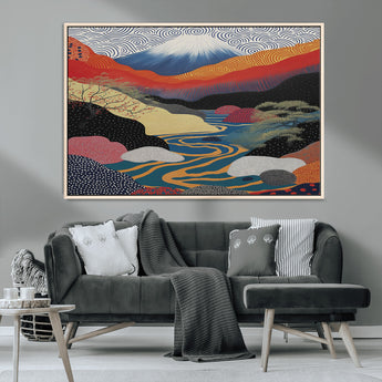 22313-MGV-CV-36X24-Yayoi Kusama Wall Art – Abstract Mount Fuji Landscape Canvas Print, Vibrant Japanese Nature Scene with River, Mountains and Sky