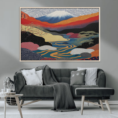 22313-MGV-CV-36X24-Yayoi Kusama Wall Art – Abstract Mount Fuji Landscape Canvas Print, Vibrant Japanese Nature Scene with River, Mountains and Sky