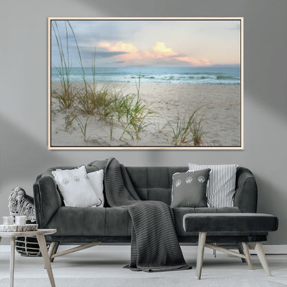 Test1001-MGV-CV-36X24-Coastal Beach Wall Art – Panoramic Ocean Waves and Sandy Dunes Canvas Print, Serene Seascape with Sea Oats for Relaxing Home or