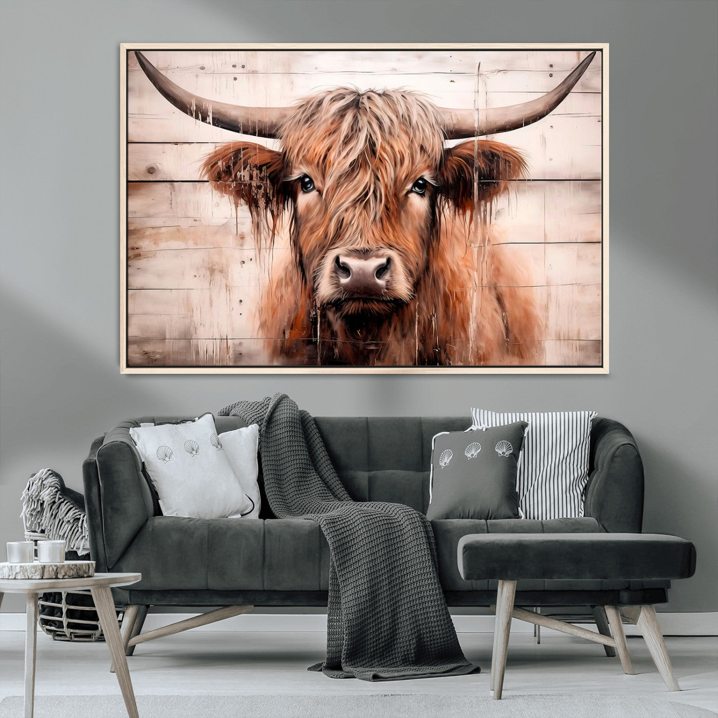 93730-MGV-CV-36X24-Scottish Cow Wall Art Canvas Print, Framed Longhorn Cow Art Picture Print, Highland Cattle Perfect Rustic Farmhouse Decor Artwork