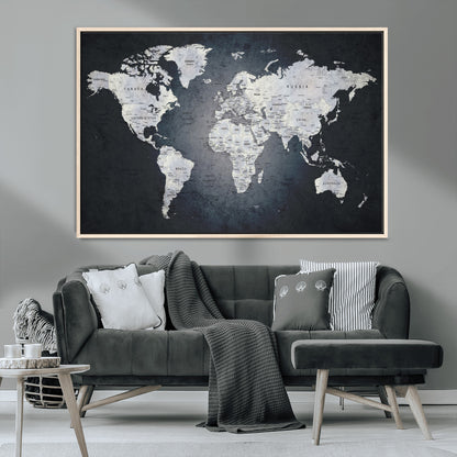 19124-MGV-CV-36X24-Modern World Map Wall Art – Black and White Canvas Print, Minimalist Global Map Decor for Office, Study, Bedroom or Living Room