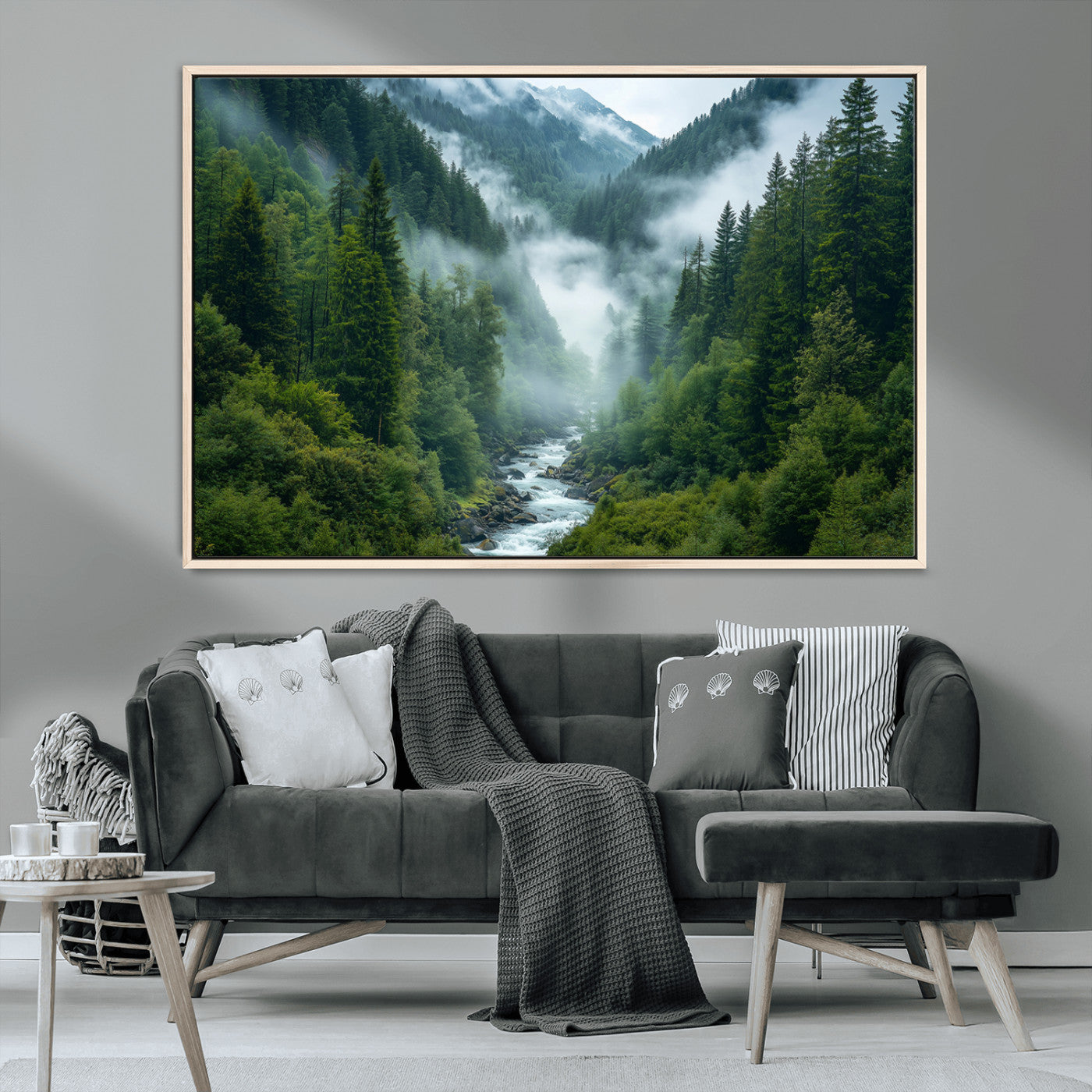 69453-MGV-CV-36X24-Mountain Forest Wall Art – Misty River and Evergreen Landscape Canvas Print, Nature Photography Poster for Living Room, Bedroom,