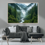 69453-MGV-CV-36X24-Mountain Forest Wall Art – Misty River and Evergreen Landscape Canvas Print, Nature Photography Poster for Living Room, Bedroom,