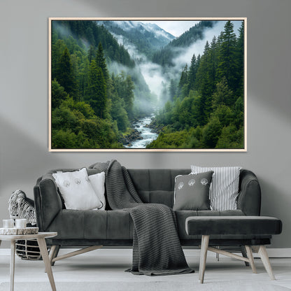 69453-MGV-CV-36X24-Mountain Forest Wall Art – Misty River and Evergreen Landscape Canvas Print, Nature Photography Poster for Living Room, Bedroom,