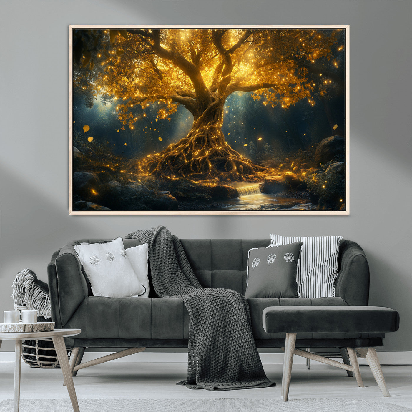 92739-MGV-CV-36X24-Glowing Tree Wall Art – Enchanted Golden Forest Canvas Print, Mystical Illuminated Nature Painting Poster for Living Room,