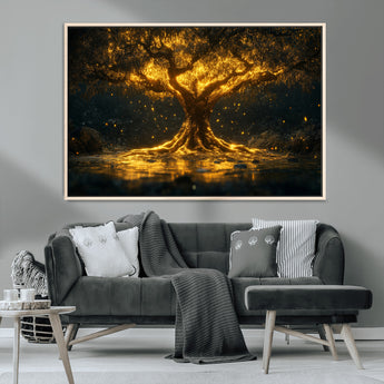 59580-MGV-CV-36X24-Glowing Tree Wall Art – Golden Fantasy Nature Canvas Print, Mystical Illuminated Tree Painting Poster for Living Room, Bedroom,