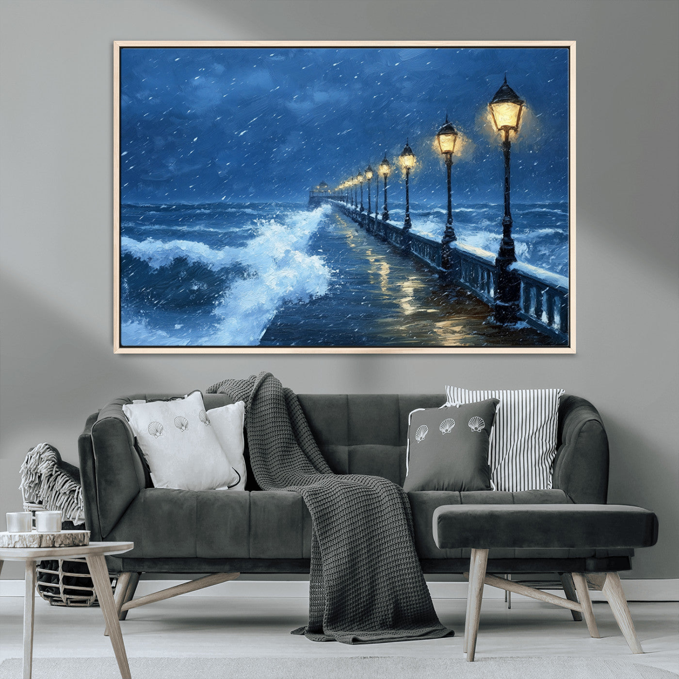 32668-MGV-CV-36X24-Stormy Pier Wall Art – Ocean Waves and Street Lamps Canvas Print, Rainy Night Seascape Oil Painting Poster for Living Room,