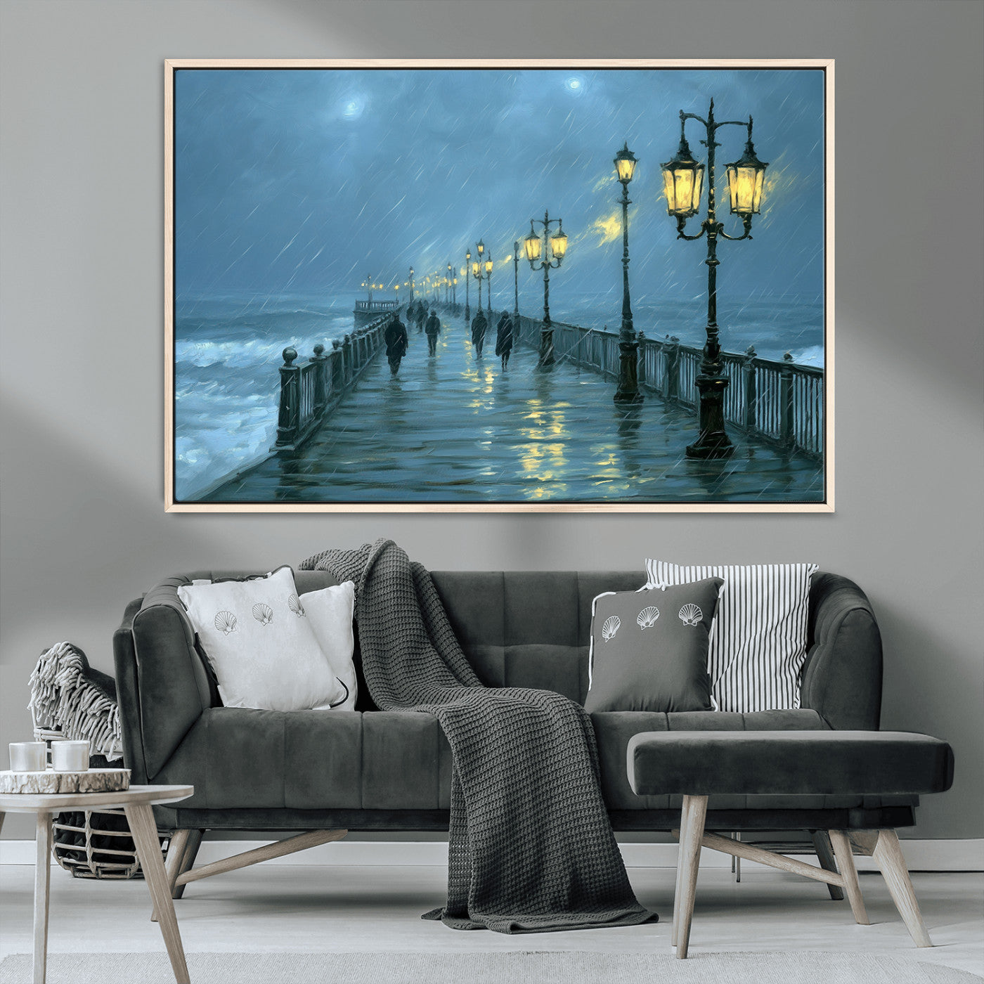 79606-MGV-CV-36X24-Rainy Pier Night Wall Art – Ocean Waves and Street Lamps Canvas Print, Moody Seascape Oil Painting Poster for Living Room,